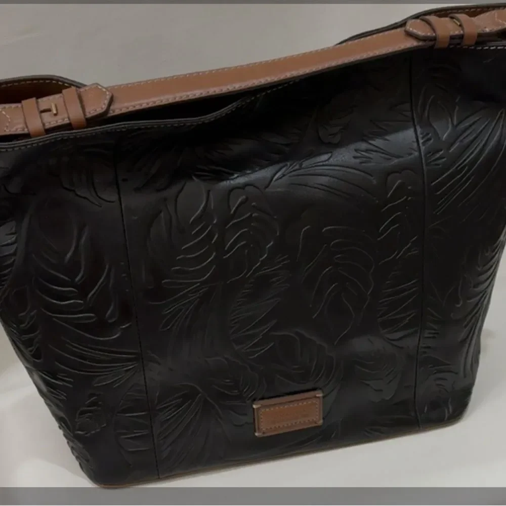 Tignanello Black Leather Brown Palm Leaf Embossed Hobo Purse Tote New No Tags